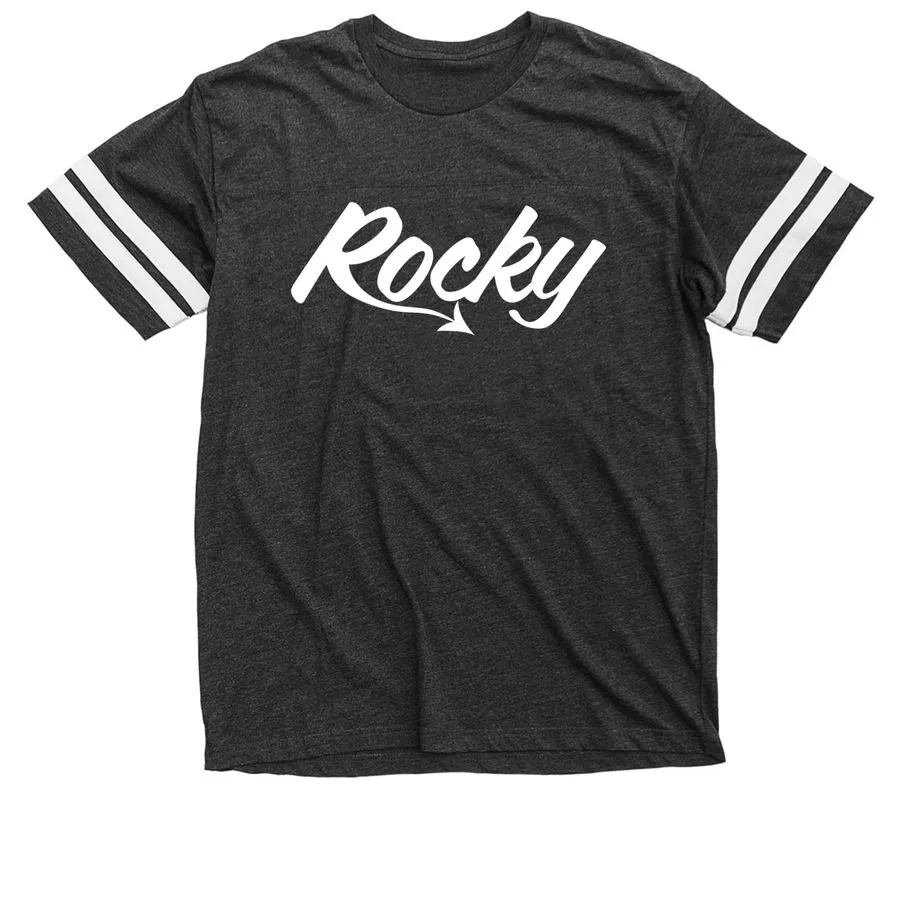 A photo of a black tee shirt with a white Rocky logo on the front and white rings around the arms