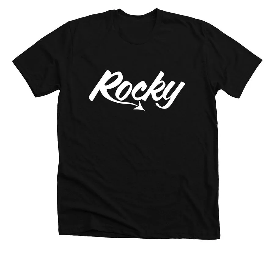 A photo of a black tee shirt with a white Rocky logo on the front