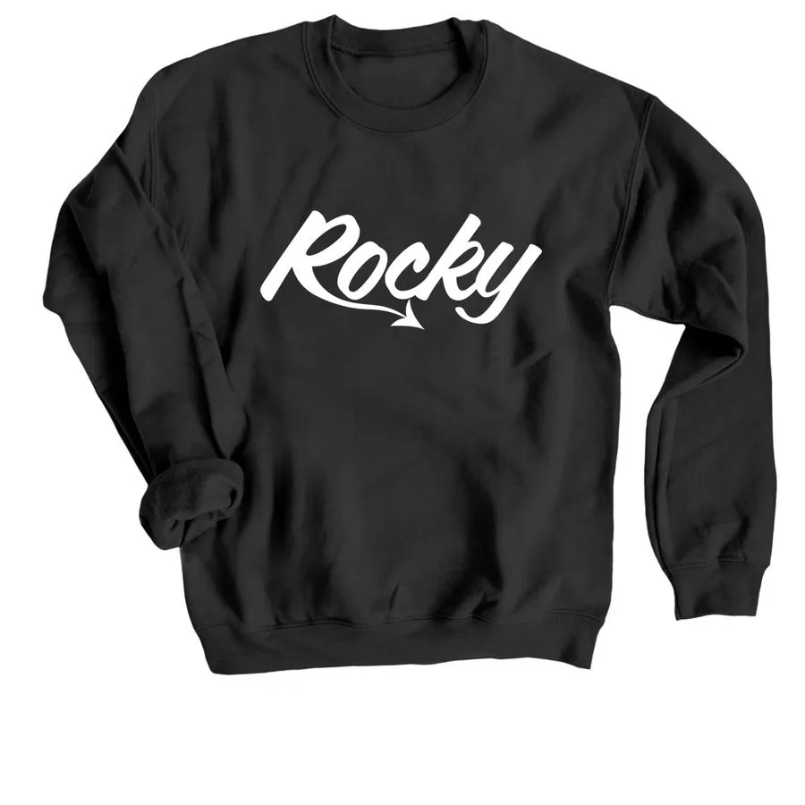 A photo of a black sweatshirt with a white Rocky logo on the front