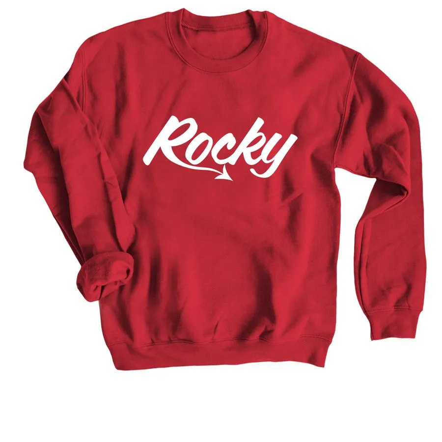 A photo of a red sweatshirt with a white Rocky logo on the front