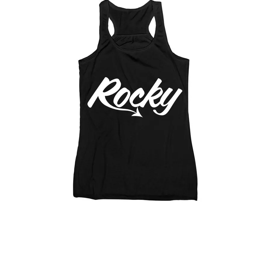 A photo of a black racerback tank top with a white Rocky logo on the front