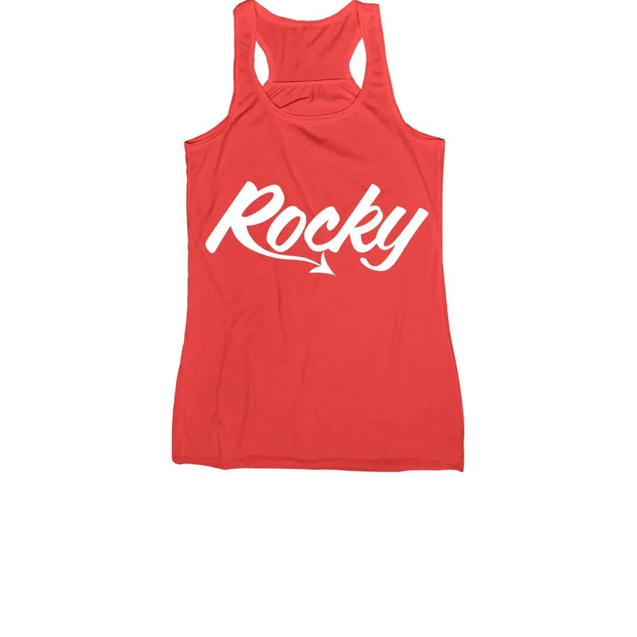 A photo of a red racerback tank top with a white Rocky logo on the front